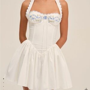 For Love And Lemons White and Blue Embroidered Mini Dress